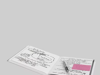 Open Notebook With Handwritten Notes Sketches Pen And Pink Sticky Note 3d model