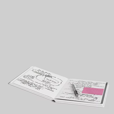 Open Notebook With Handwritten Notes Sketches Pen And Pink Sticky Note 3d model