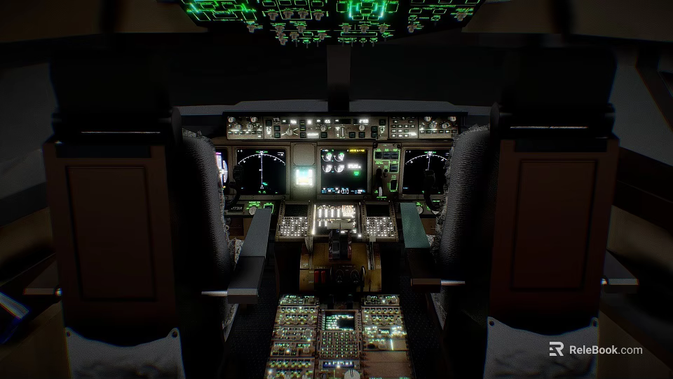 Airplane Cockpit Interior With Illuminated Instrument Panels Control Buttons And Multiple Displays 3d model 