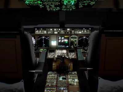 Airplane Cockpit Interior With Illuminated Instrument Panels Control Buttons And Multiple Displays 3d model
