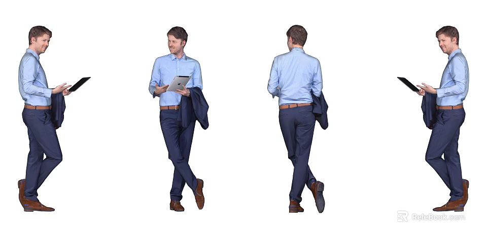 Man in Blue Shirt Walking Holding Tablet and Carrying Jacket Over Arm 3d model 