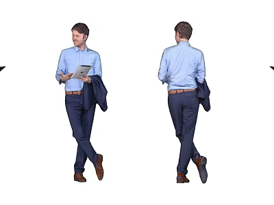 Man in Blue Shirt Walking Holding Tablet and Carrying Jacket Over Arm 3d model