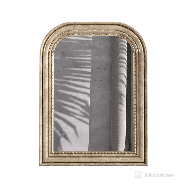 Arched Wooden Framed Mirror With Decorative Edges And Plant Shadow Reflections 3d model 