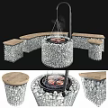 Outdoor Gabion Fire Pit Design With Stone Seating And Wooden Benches