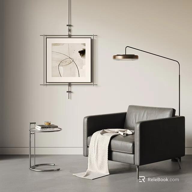 Modern Leather Single Sofa With Floor Lamp Wall Art And Side Table 3d model