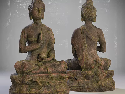 Two Seated Buddha Sculptures With Intricate Carving Details And Textured Surfaces 3d model