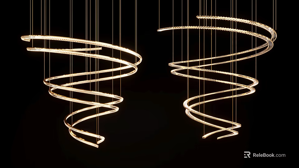 Modern Spiral Chandelier Featuring Glowing Metallic Curves Hanging Elegantly From Ceiling 3d model 