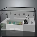 Modern Display Cabinet Furniture With White Counter Black Frame Transparent Compartments And Hanging Silver Balls