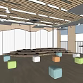 School Classroom Interior Design With Wooden Walls Colorful Stools Green Blackboard And Multimedia Screen