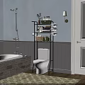 Black Multi-tier Bathroom Cabinet Rack With Towels Basket Toiletries Green Plant Near Toilet And Bathtub