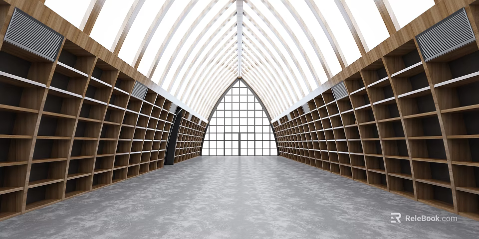 Spacious Library Space With Arched Ceiling Wooden Bookshelves And Large Glass Windows 3d model 