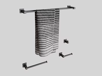 Striped Bath Towel Hanging On Modern Towel Rack With Additional Holders In Bathroom 3d model
