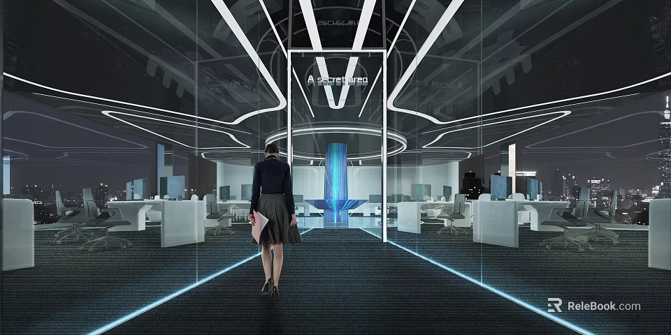 Modern Public Office Space with Glass Partitions Geometric Lighting Blue Accent and Open Workstations 3d model 