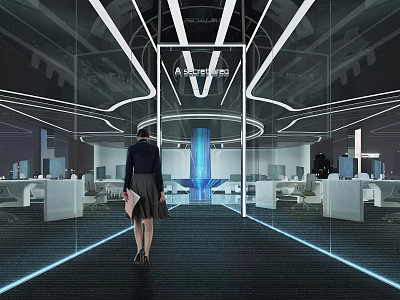 Modern Public Office Space with Glass Partitions Geometric Lighting Blue Accent and Open Workstations 3d model