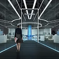 Modern Public Office Space with Glass Partitions Geometric Lighting Blue Accent and Open Workstations