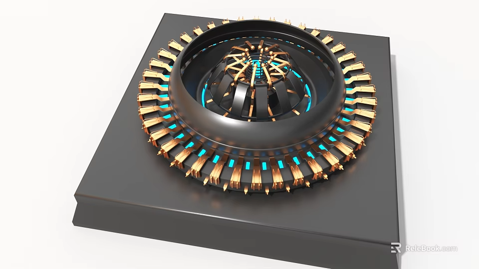 Industrial Equipment Featuring Circular Mechanical Structure Metal Components And Blue Lighting On Black Square Base 3d model 