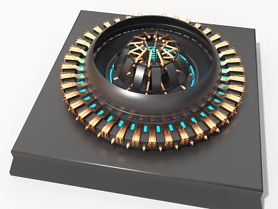 Industrial Equipment Featuring Circular Mechanical Structure Metal Components And Blue Lighting On Black Square Base 3d model