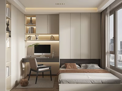 Modern Tatami Bedroom With Built in Desk Computer Bookshelf Green Plant And Window 3d model