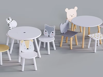 Cute Animal Shaped Kids Table And Chair Set With Round Wooden Design 3d model