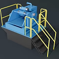 Blue Heavy Duty Industrial Equipment With Yellow Guardrails And Safety Stairs