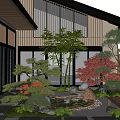 Tranquil Japanese Courtyard Garden Featuring Wooden Sliding Screens Bamboo Pine And Red Leaf Plants