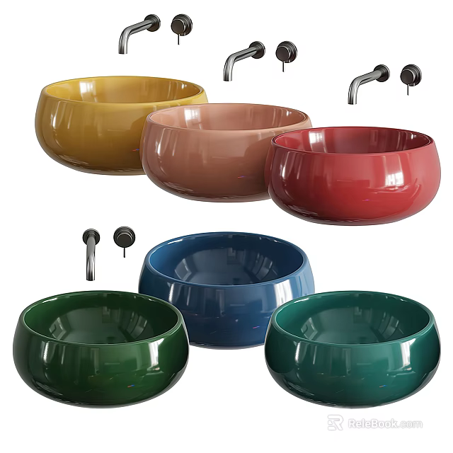 Colorful Ceramic Bowl Shaped Washbasins With Various Vibrant Tones And Faucets 3d model 