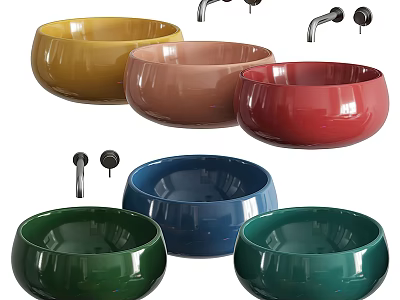 Colorful Ceramic Bowl Shaped Washbasins With Various Vibrant Tones And Faucets 3d model