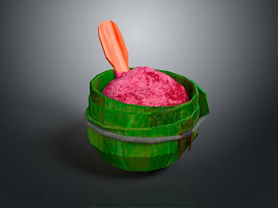 Colorful Pink Powder Food in Green Bucket with Orange Spoon 3d model
