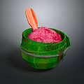 Colorful Pink Powder Food in Green Bucket with Orange Spoon