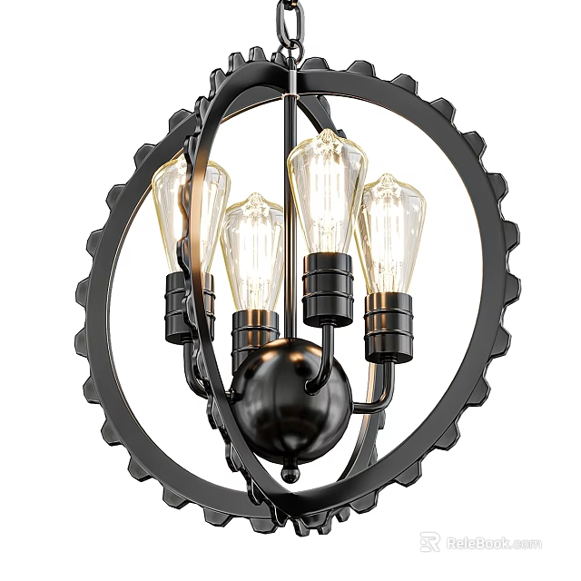 Industrial Style Black Metal Gear Frame Chandelier With Four Edison Bulbs 3d model 