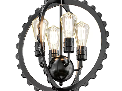 Industrial Style Black Metal Gear Frame Chandelier With Four Edison Bulbs 3d model
