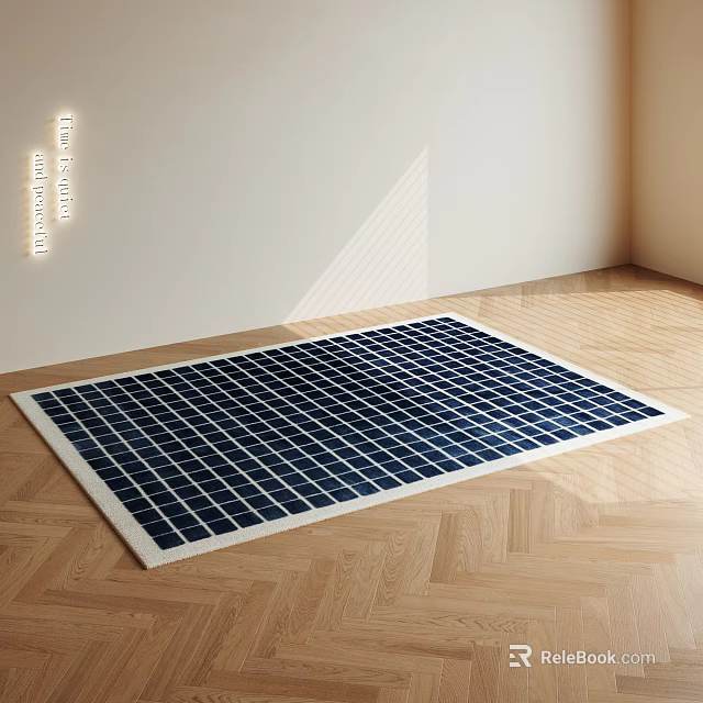 Blue And White Grid Pattern Square Rug On Herringbone Wooden Floor Modern Interior 3d model 