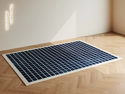 Blue And White Grid Pattern Square Rug On Herringbone Wooden Floor Modern Interior 3d model