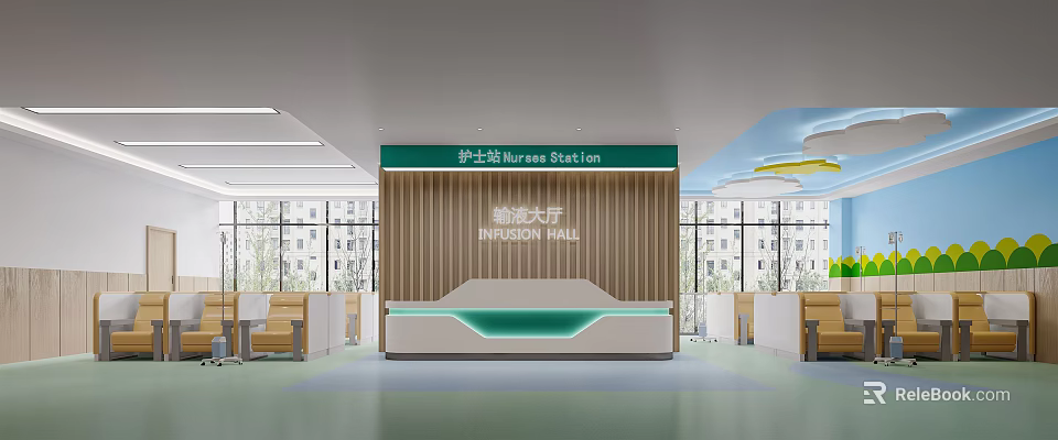 Modern Medical Infusion Hall Interior With Nurses Station Wooden Panels And Seating 3d model 