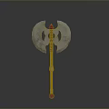 Double Bladed Battle Axe With Silver Blades Wooden Handle Red Accents And Gemstone
