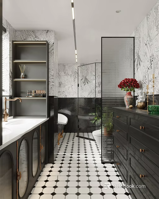 Modern Elegant Bathroom Interior With Black Vanity Gold Accents And Geometric Floor Tiles 3d model 
