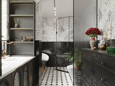 Modern Elegant Bathroom Interior With Black Vanity Gold Accents And Geometric Floor Tiles 3d model