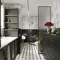 Modern Elegant Bathroom Interior With Black Vanity Gold Accents And Geometric Floor Tiles