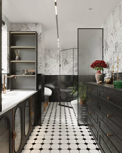 Modern Elegant Bathroom Interior With Black Vanity Gold Accents And Geometric Floor Tiles 3d model