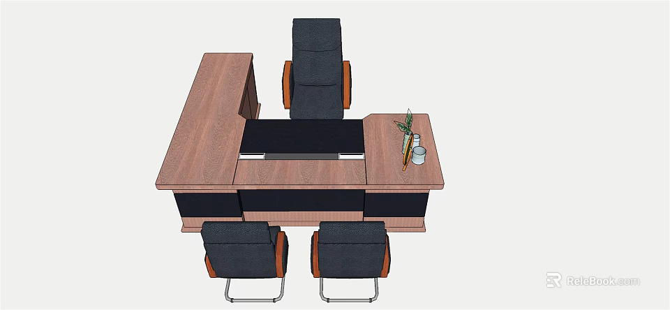 Wooden Office Desk Setup With Ergonomic Chair Visitor Seats Decorative Vase And Small Green Plant 3d model 