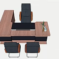 Wooden Office Desk Setup With Ergonomic Chair Visitor Seats Decorative Vase And Small Green Plant
