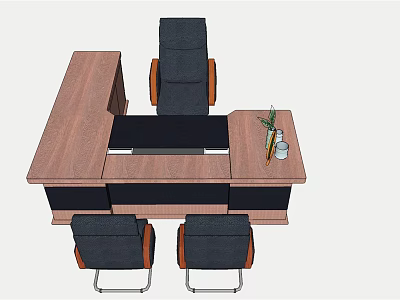 Wooden Office Desk Setup With Ergonomic Chair Visitor Seats Decorative Vase And Small Green Plant 3d model