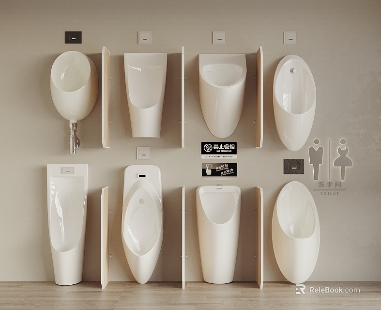 Various Design Wall Mounted Urinals In Public Bathroom With Gender Symbols 3d model 