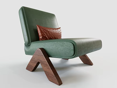 Green Leather Accent Chair With Brown Pillow And Angled Wooden Legs 3d model