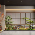 Modern Indoor Landscape With Red Maple Trees Palm Plants Wooden Lattice Wall And Ambient Lighting