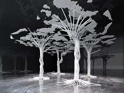 Intricately Carved White Tree Sculptures Featuring Twisted Trunks And Complex Roots 3d model