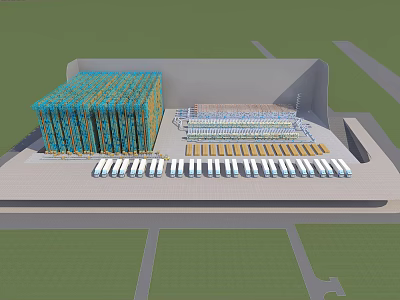 Large Industrial Factory Building Featuring Organized Layout And Colorful Equipment Rows 3d model