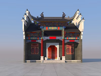 Ancient Chinese Traditional Architecture With Ornate Roof Colorful Decorations Red Door And Black White Walls 3d model