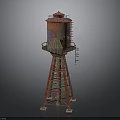 Vintage Red Water Tower Structure With Metal Frame Top Tank And Ladder