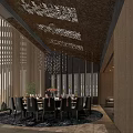 Elegant Chinese Style Private Dining Room Interior With Carved Ceiling Chandelier Round Table And Chairs